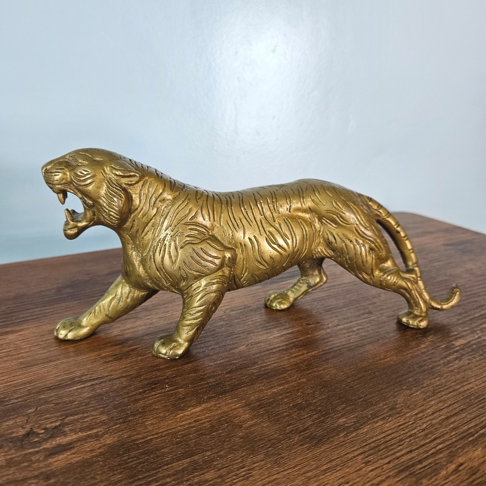 Vintage Solid Brass Stalking Fierce Tiger Figure Sculpture Detailed 9.5 Inch